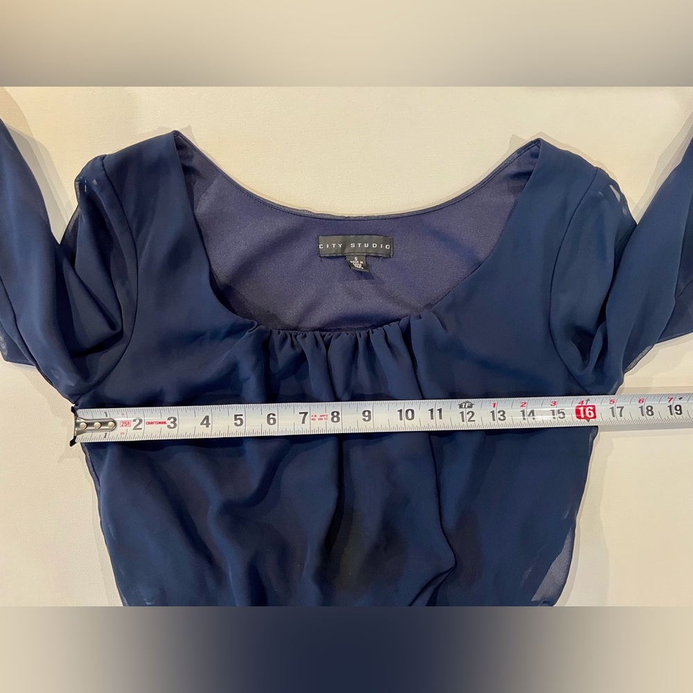 City Studio Crochet Blouson Waist Split Sleeve Navy Dress Sheer Small Delicate - Picture 6 of 15